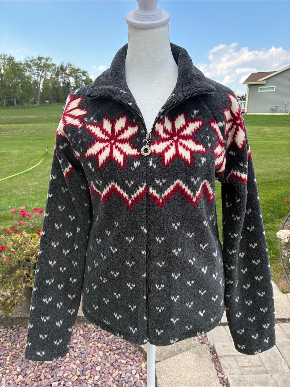 Barrage Zip-Front Nordic Snowflake Fleece Jacket - Charcoal & Red S